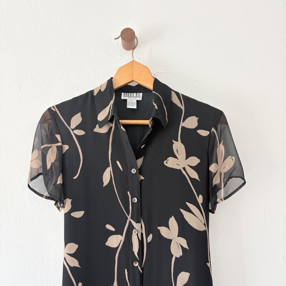 Robbie Bee Dress Womens 4P Black Tan Floral Silk Button Front Midi Shirt Dress - Picture 2 of 7